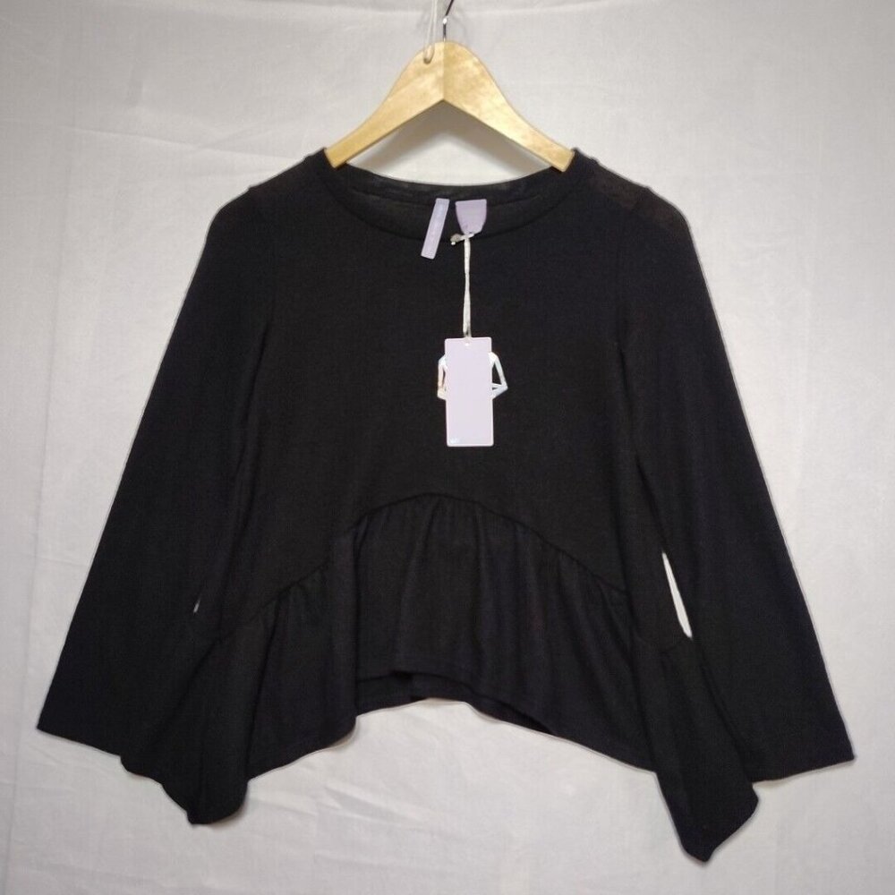 Good Luck Girl Large Black Long Sleeve Peplum Kerchief Hem Shirt Top New